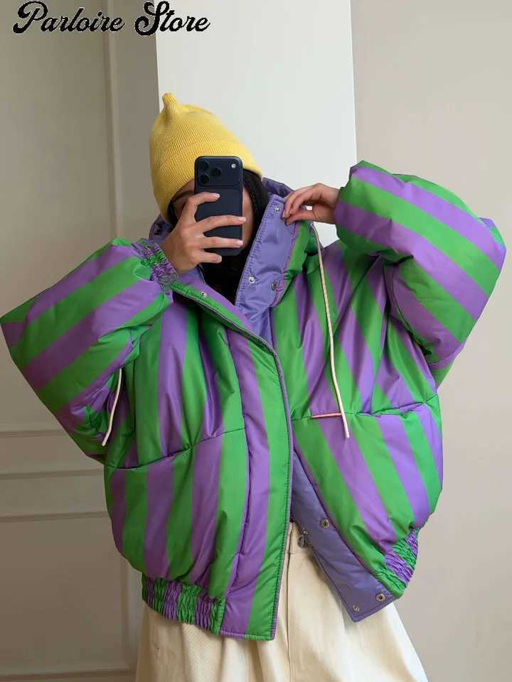 Women's Down Parkas Women Color Block Striped Puffer Jacket Reversible Hooded Winter Coat Oversized Loose Zip Up Coats 2026 Warm Quilted Casual