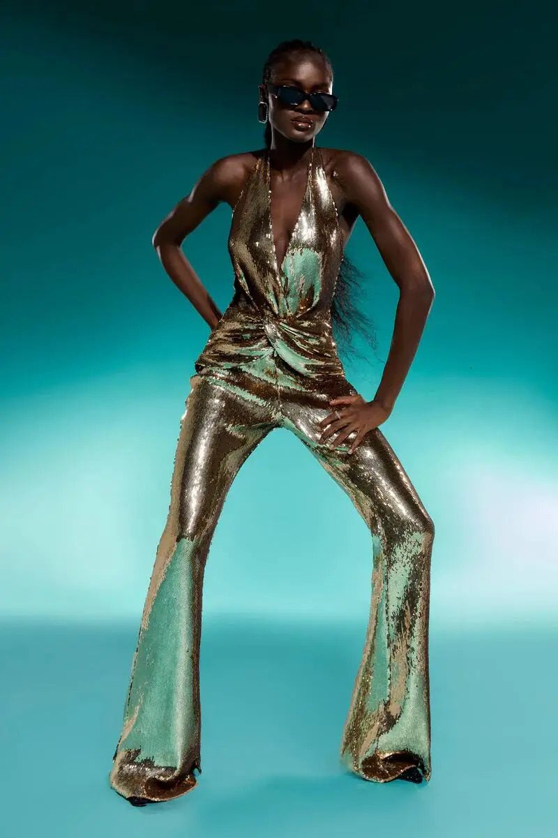 Sexy Halter Sleeveless Gold Sequined Long Bodycon Jumpsuit Pencil Skinny Rompers Twisted Celebrity Evening Runway Club Jumpsuit 261015