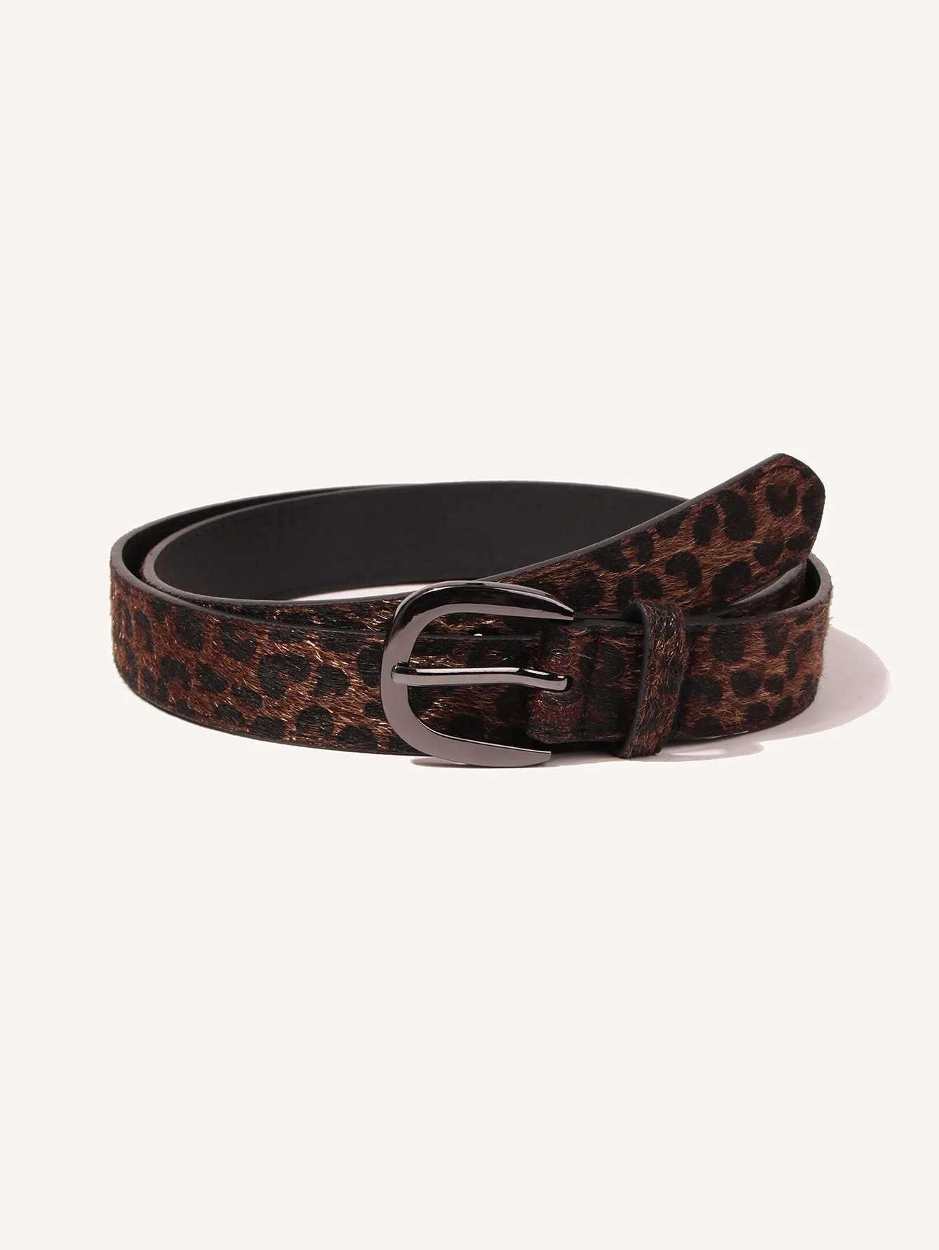 1pc Simple Texture Gun Black Buckle Leopard Print Suede Women's Belt Everything with A High Sense of Decorative Jeans Belt S261017SQOU