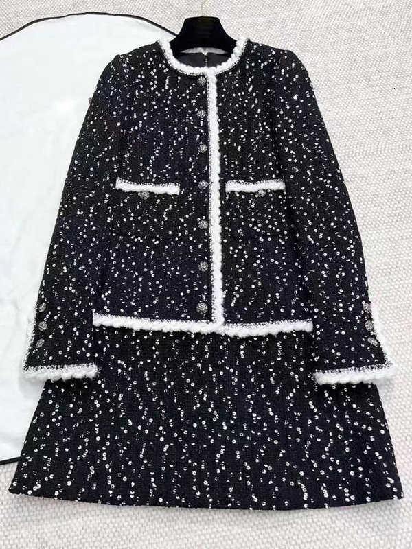 Women's Jackets Designer Liu Shishi-style tweed dress for women, long-sleeved, faux two-piece A-line dress, wool blend, sequined, woven tweed