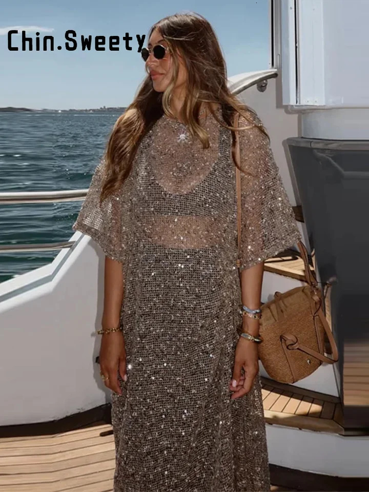 Loose Knit Sequined Hollow Out Long Dress Women O-neck Short Sleeve Dresses Summer Lady Chic Beach Holiday Robes 261016