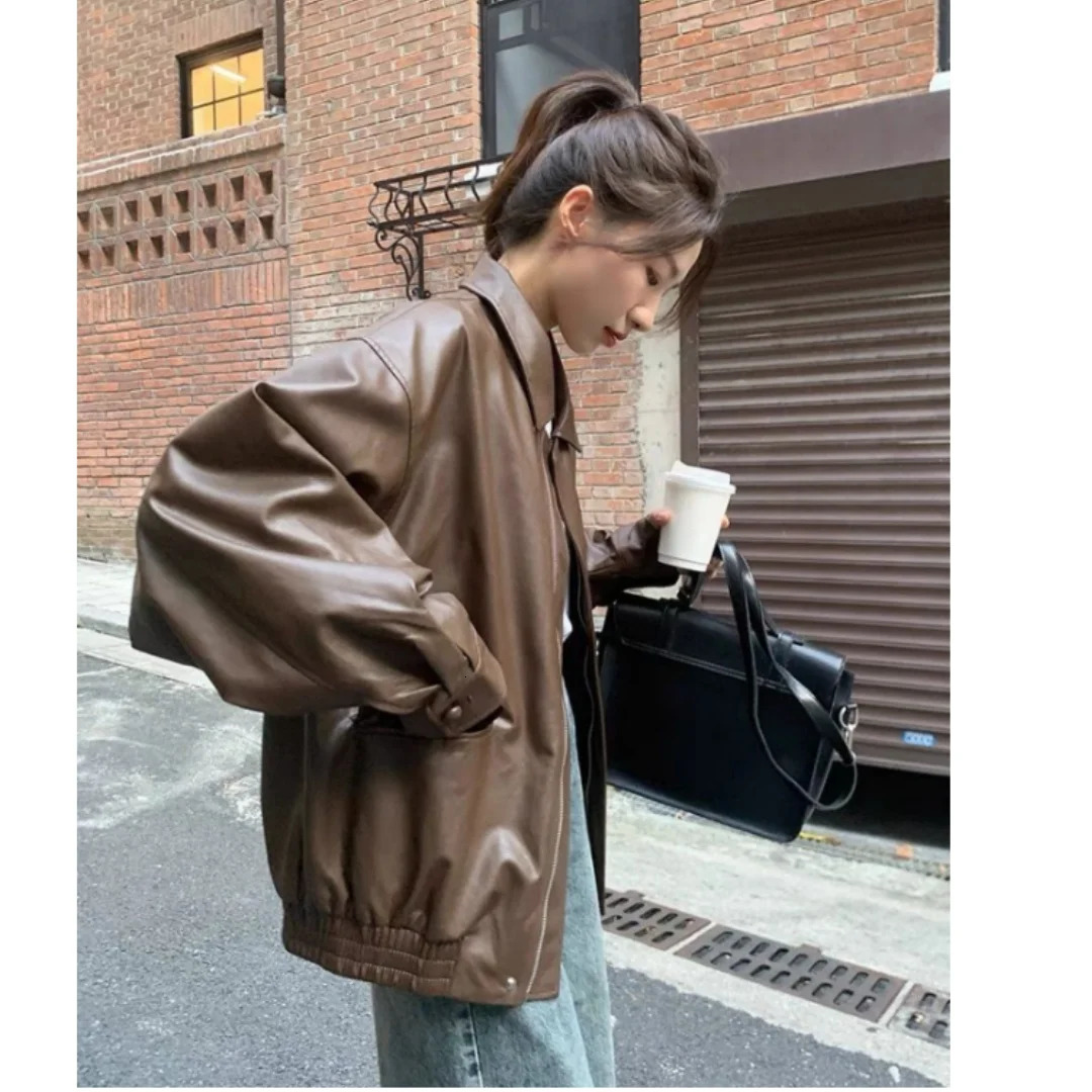Vintage PU Leather Jacket Women High Street Techwear Moto Biker Coats BF Punk Loose Casual Cropped Outerwear Black Bomber Zipper 261016