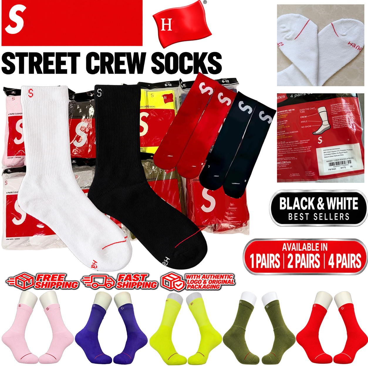 Designer Supremely Socks Mens Socks 4 pack Sports socks 1/2/4 Pairs Comfortable High Quality Socks for Autumn Winter Mens Womens Long white socks wh