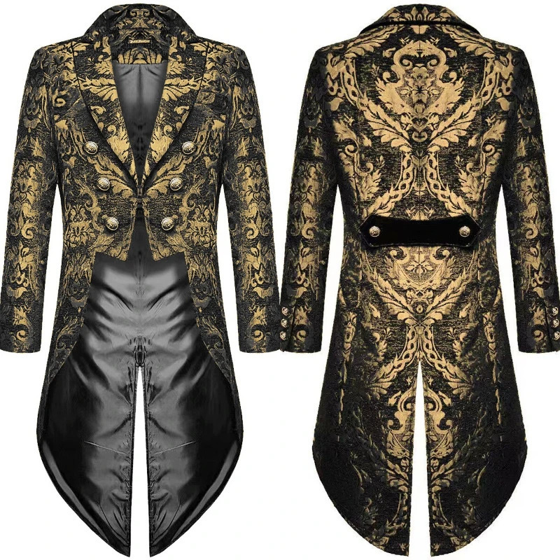 2026 Fashion Gold Jacquard Elegant Tuxedo for Men Black Gothic Vintage Men's Tailcoat Holiday Party Stage Performance Men Jacket 261015
