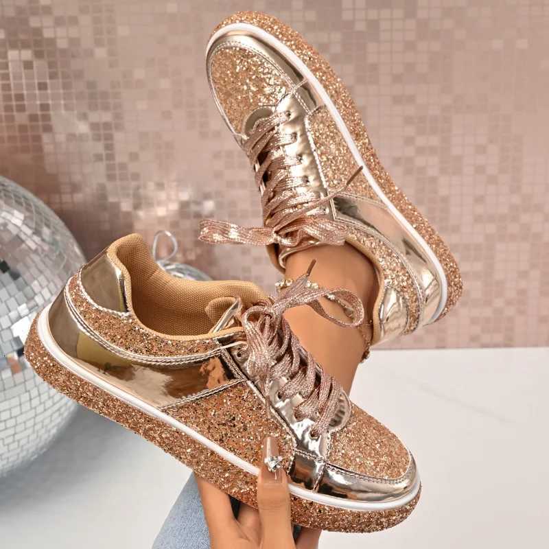Casual Shoes Spring and Autumn Lace-up Women's Flat-bottomed Sneakers Platform Casual Shoe Fashion Sequined Decorative Non-slip Low-top Shoes H