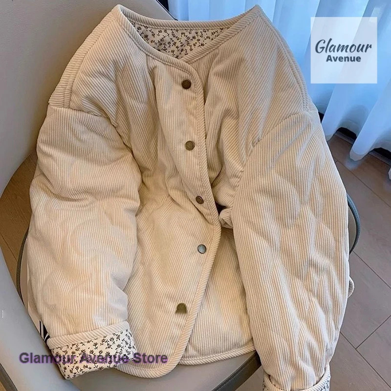 Korean style corduroy mosaic floral diamond cotton-padded jacket coat women's winter loose wild cotton-padded clothes 261015