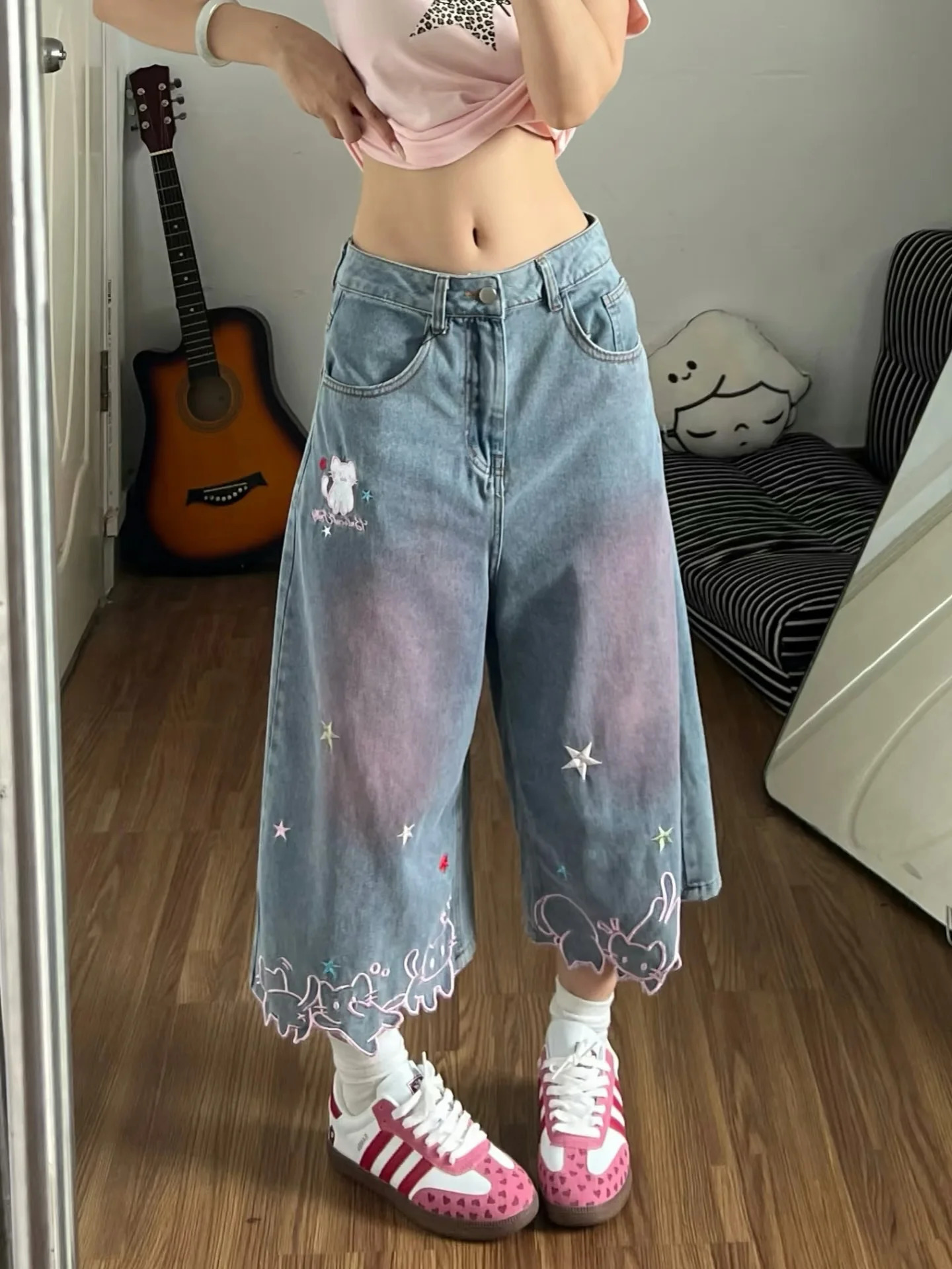 Women High Waist Cute Cartoon Cat Embroidery Jeans Girls Vintage Y2k Clothes Calf Length Denim Pants Harajuku Blue Streetwear 261013