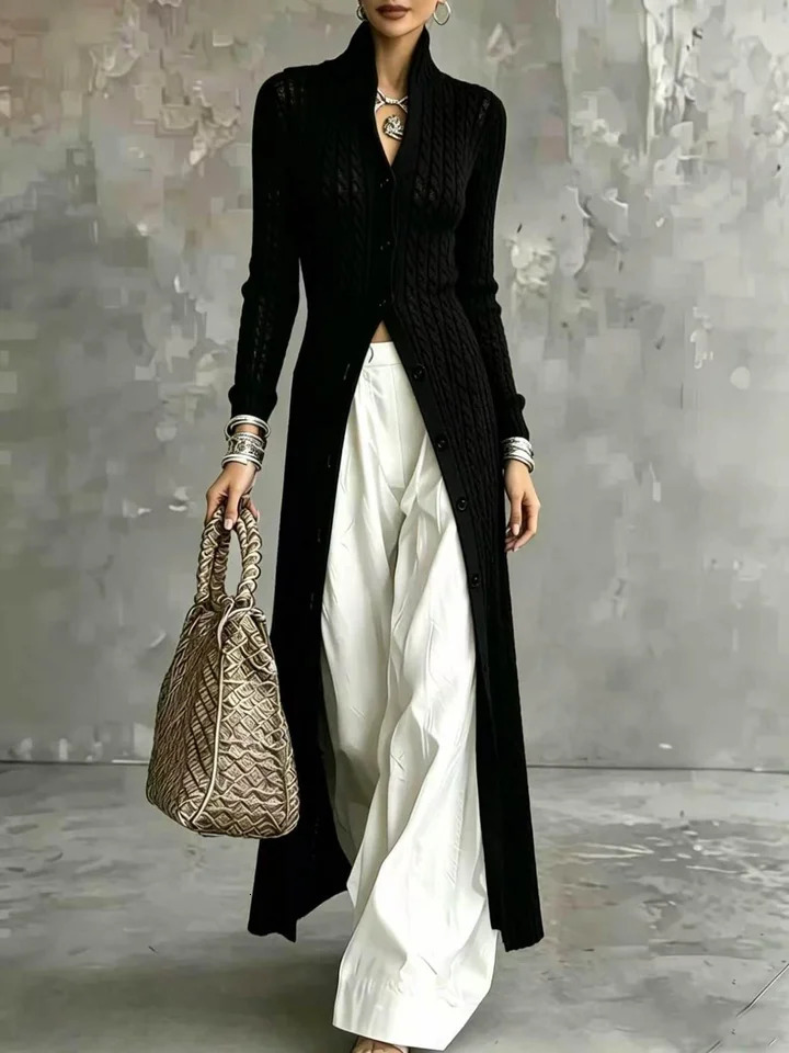 Womens Long Black Knit Cardigan Autumn Winter 2026 High Neck Open Front Oversized Cable Sweater Coat Casual Jumper 261017