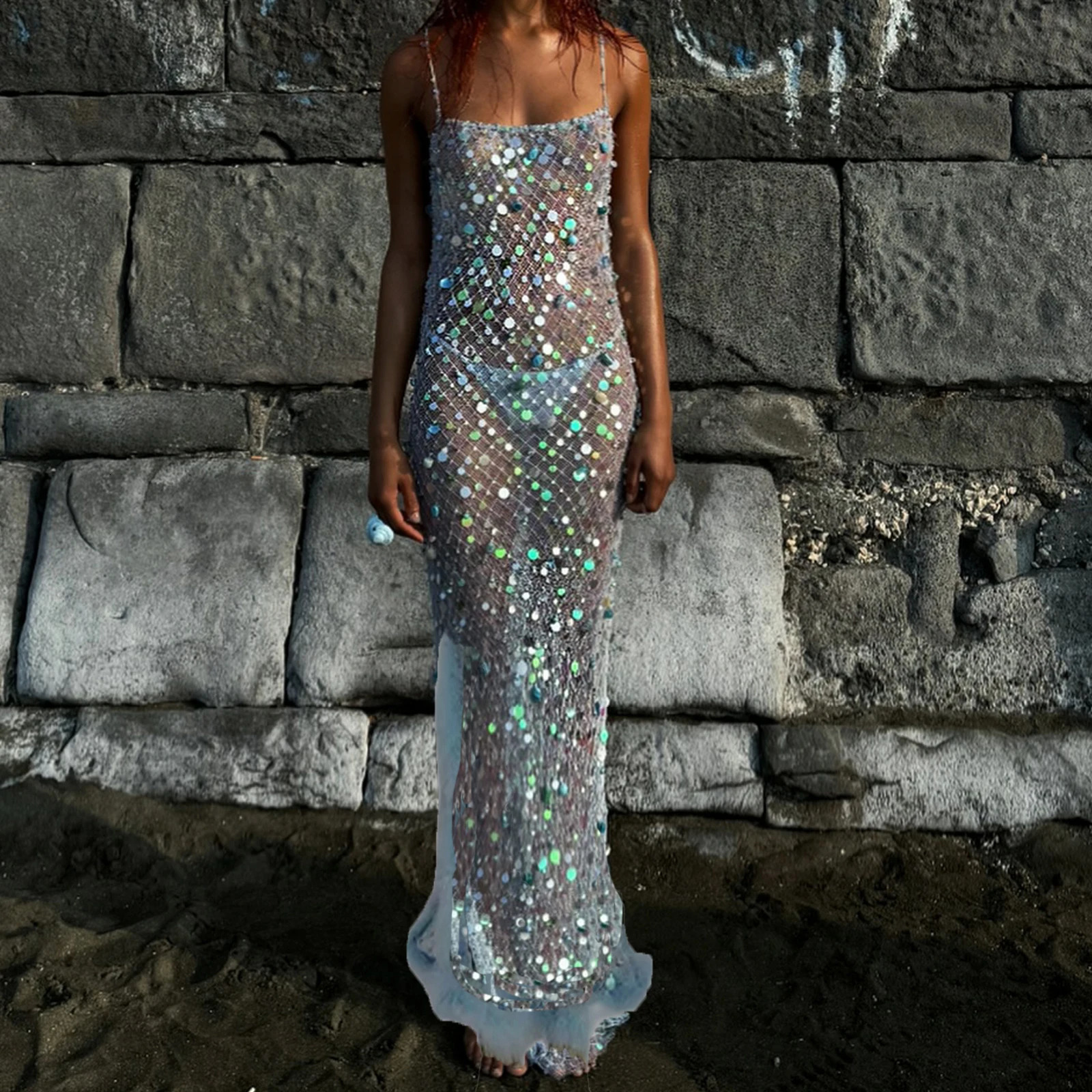hirigin Chic Women Sequin Sheer Mesh Cover Up Dresses See Through Rhinestone Glitter Beach Dresses Summer Bikini Swim Coverups 261016