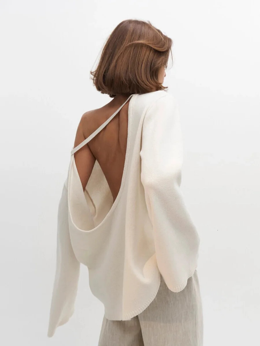 Original Backless Oneck Cotton Knit Sweater Autumn and Winter Women Simple Loose Soft Warm Elastic Daily Office Casual Sweater 261016