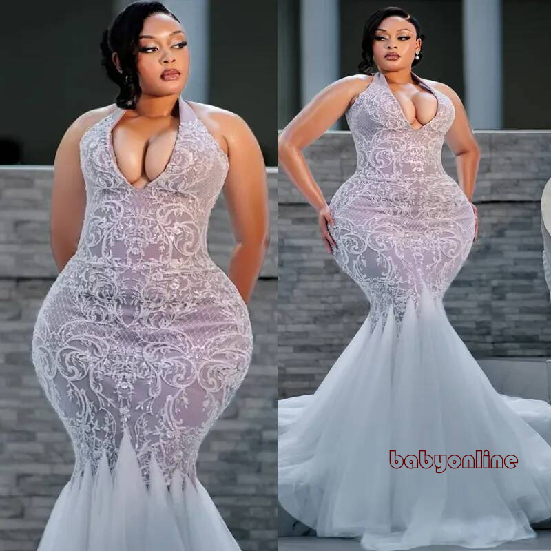 Plus Size For Bride Mermaid Wedding Gowns Halter Full Appliqued Tiers Tulle Beaded Lace Rhinestones Bridal Dress D917