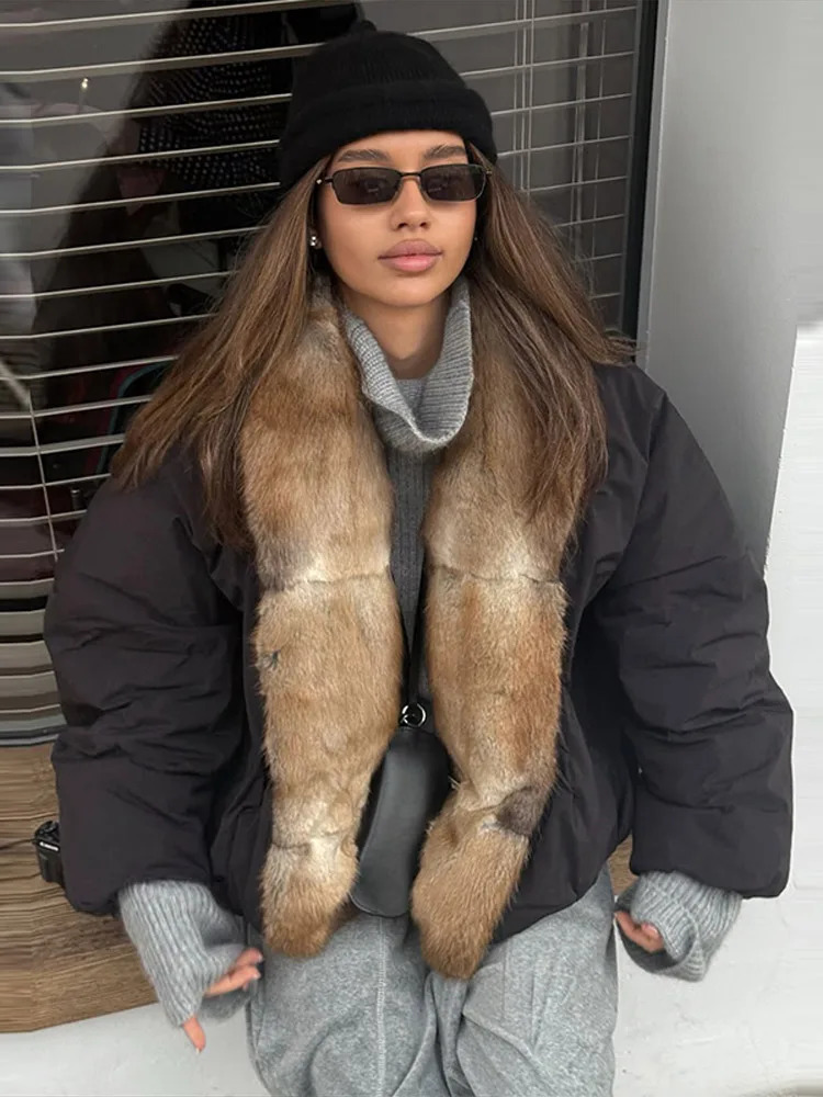 Women Fur Trim Patchwork Pilot Jacket Long Sleeve Padded Solid Casual Loose All-match Warm Coat 2026 Winter Fashion Chic Outfit 261015