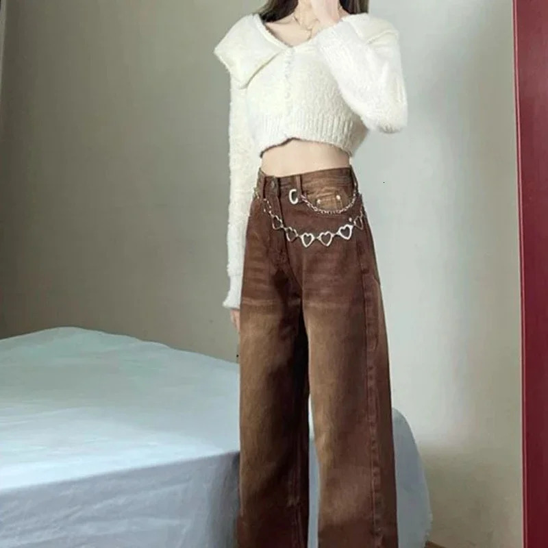 Women's Jeans High Waist S Pants for Woman Straight Leg Brown Trousers with Pockets Retro Korean Style Quality Vibrant A 261016