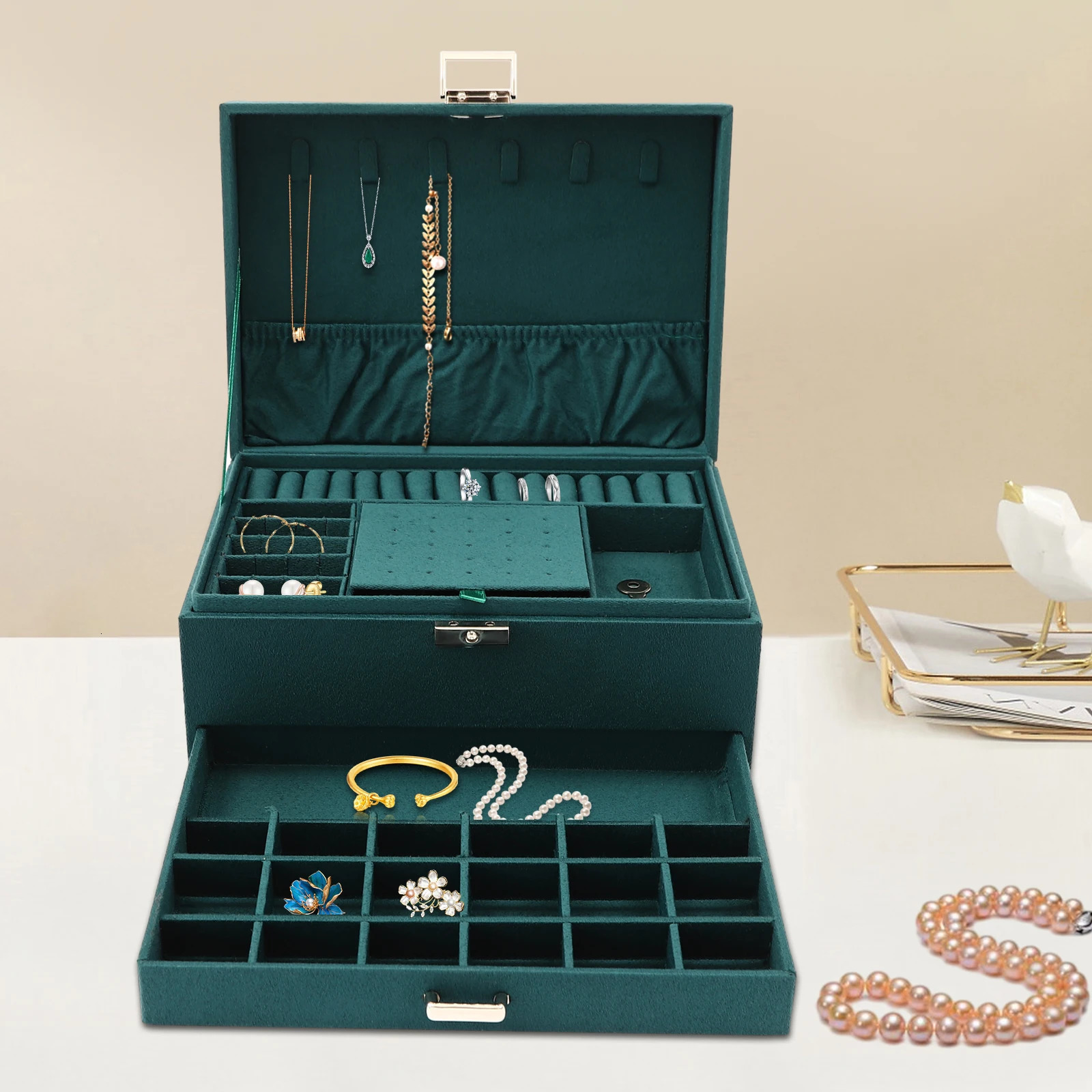 3Tier Dark Green Jewelry Box Organizer with 15 Ring Slots 10 Earring Hooks 18 Stud Holes Drawers for Necklace Bracelet Watch 261017