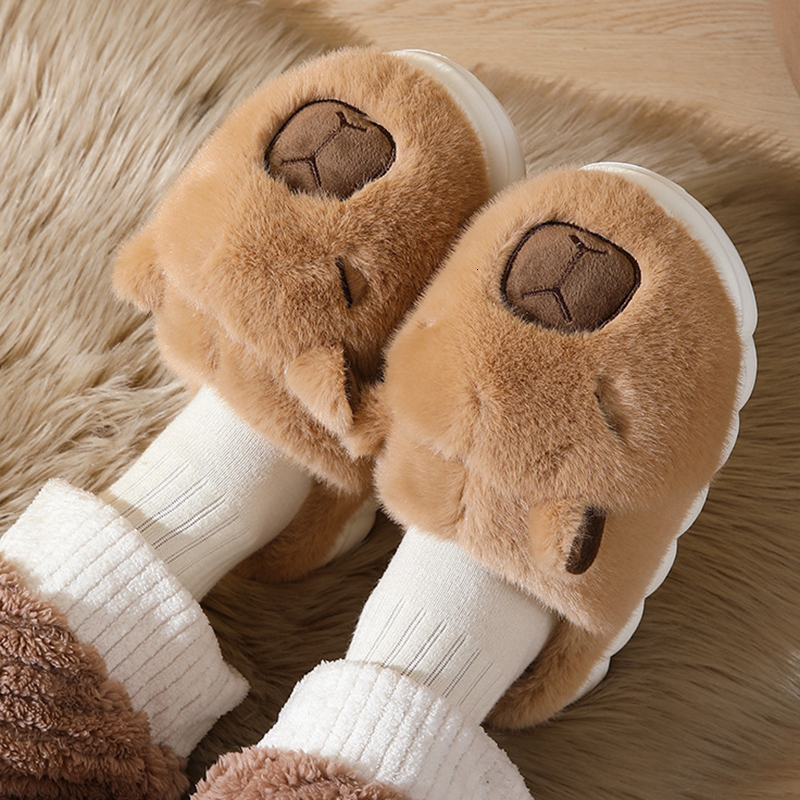 Cute Capybara Cotton Women Autumn Winter Indoor Soft Sole Warm Fur Slides Woman Comfort Non Slip Home Slippers Female ddmykukumalu