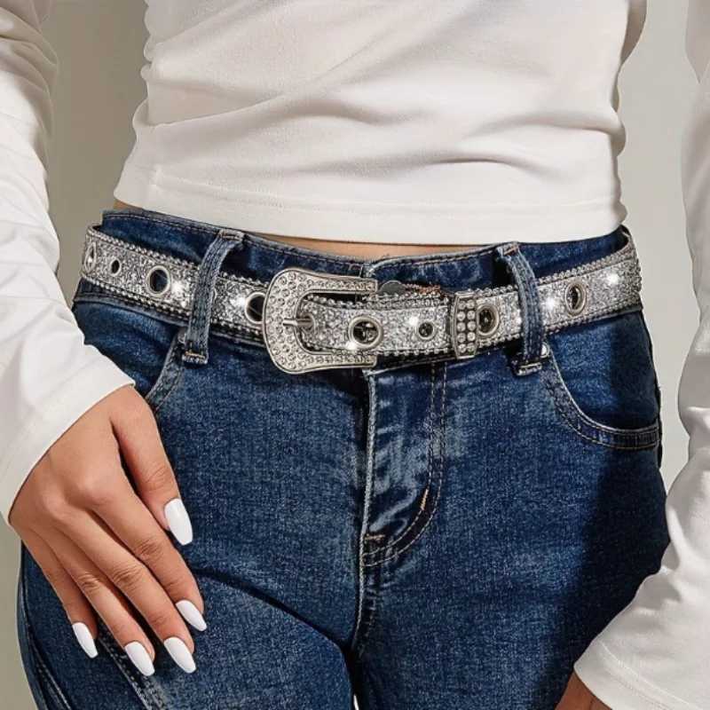 Y2K Women's Fashion Full Rhinestone Studded Leather Belt Adjustable Glitter Crystal Waistband Solid Color for Club Party S261017W201