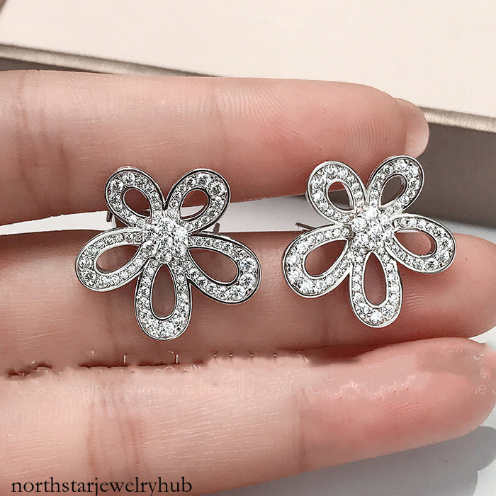 Designer Jewelry vanly Large floral earrings, high-quality, thick rose gold plated, diamond-encrusted, featuring large flower designs and fully