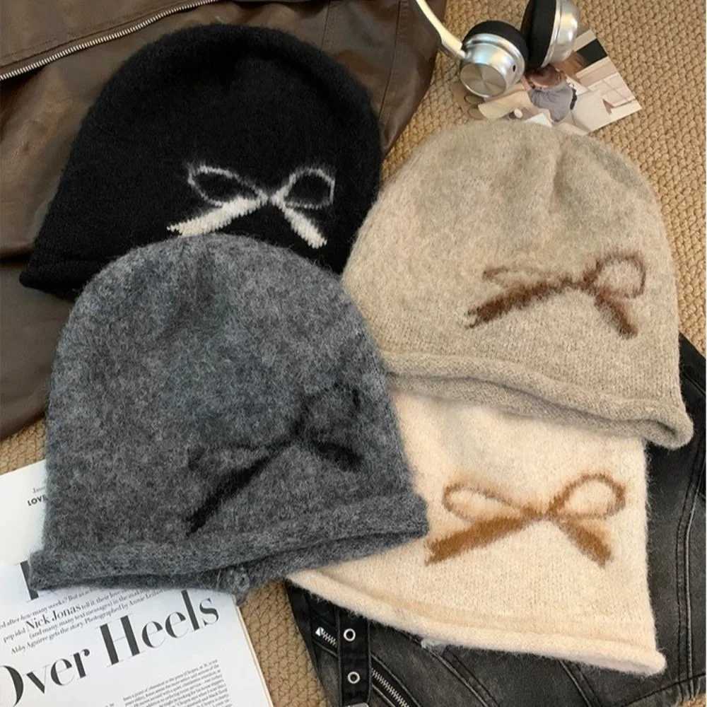 Beanie/Skull Caps Casual Jacquard Knitted Beanie Cap Oversized Thick Earflap Hat Winter Warm Bow Skull Cap For WomenT261017