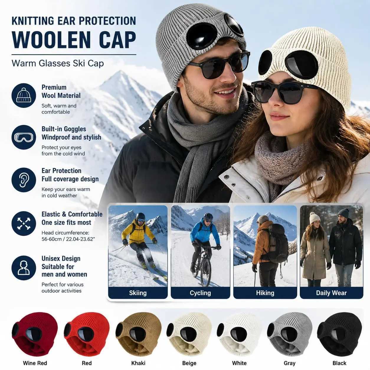 Women's Warm Ski Mask Hats Stretchy Winter Hat Men's Windproof Glasses Knitted Beanie Elastic Soft Warm Outdoor Ear Protection S261017RABY