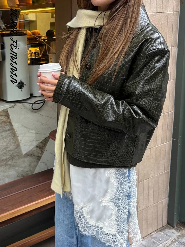 Lapel Long Sleeve Faux Leather Jacket Women Street Turn-down Collar Single Breasted Loose Coats Chic Lady Jackets Outerwears 261016