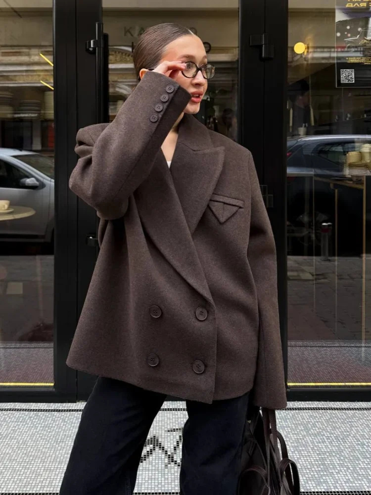Autumn Cropped Wool Jacket Fashion Oversized Lapel Double Faced Coat Women's Casual Street Style Blazer Ladies Outerwear 261016