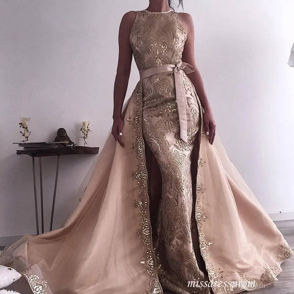 Sexy Beads Mermaid Evening Dresses With Detachable Train Appliqued Overskirt Lace Celebrity Prom Dress Robe De Soiree