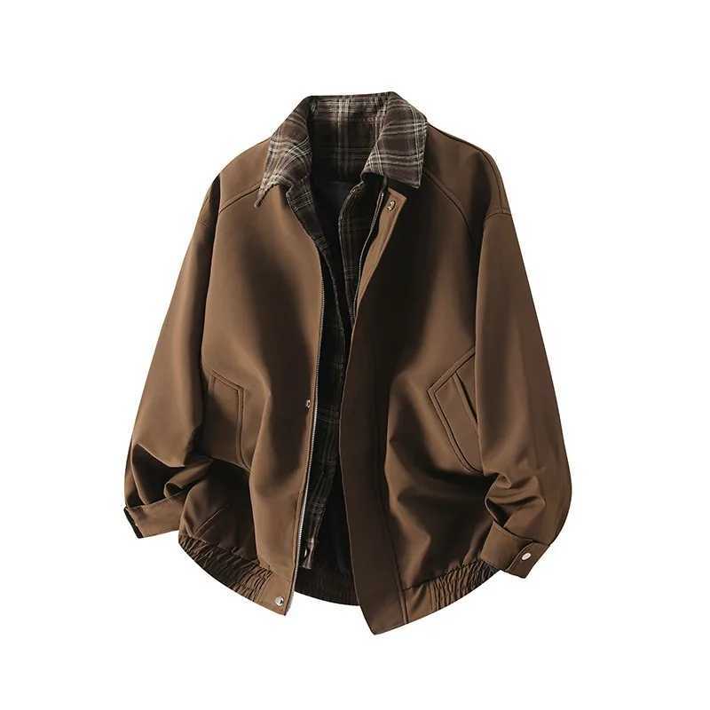 Plaid Fake Two-piece Jacket Men's Spring and Autumn 2026 Maillard Brown Flight Lapel Jacket Men's S261017TK2P