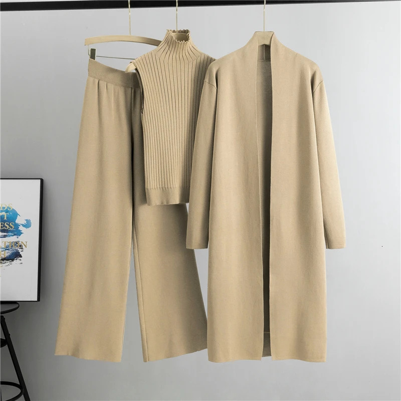 Winter And Autumn Fashionable Elegant Women's Knitted 3-Piece Set cardigan Women's Sweater Women's Wide Leg Pants 261016