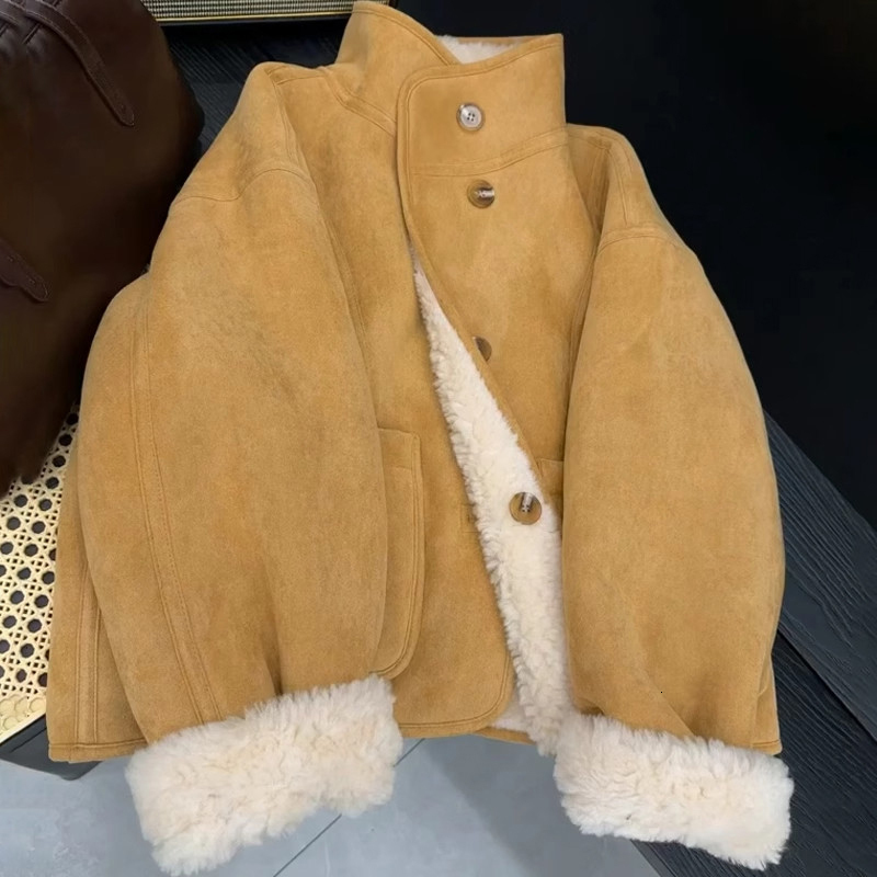 MEXZT Cropped Lamb Wool Coat Women Vintage Pockets Patchwork Faux Fur Jacket Winter Ladies Korean Long Sleeve Short Outerwears