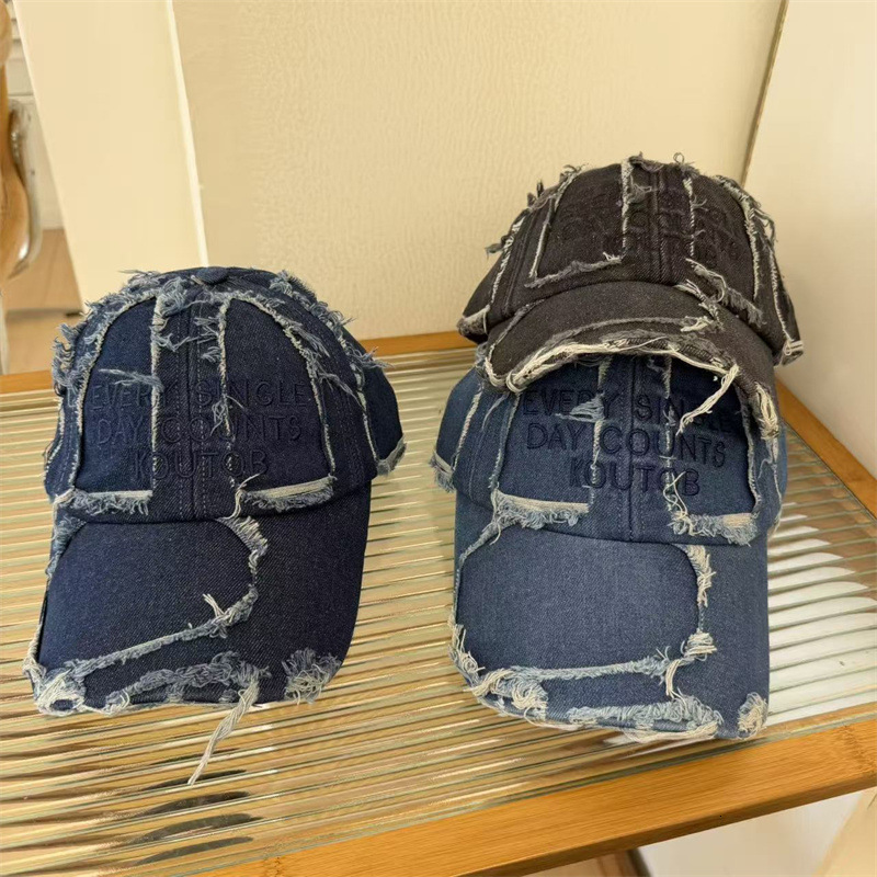 American retro denim baseball cap unisex washed distressed finish frayed brim suitable for large head sizes trendy and cool
