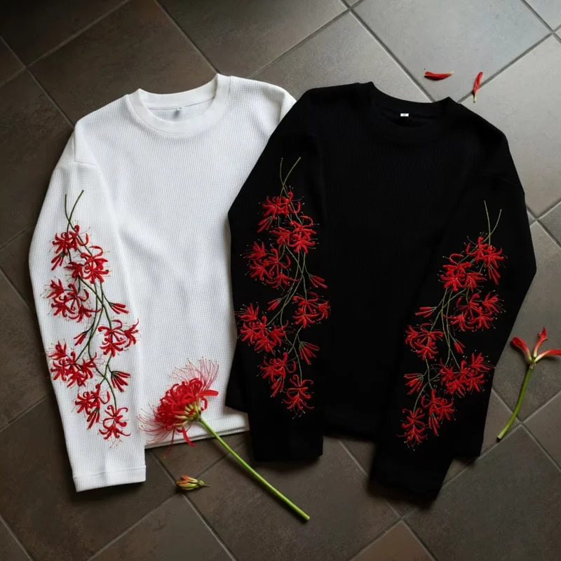 2026 Men Women Floral Print Long Sleeve Shirt Red Flower Embroidery Crew Neck Oversized T Shirt Y2K Streetwear Casual Fashion 261016