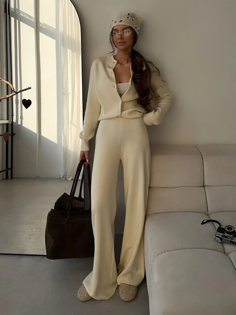 Blubelle Women's Autumn Winter Knit Cardigan Pants Set Slim Fit Long Sleeve Long Trousers Simple Solid Color Sweater Suit 261015