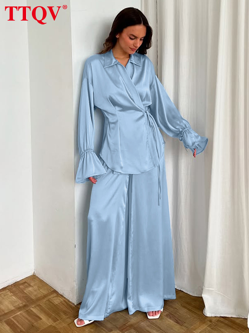 Fashion Loose Blue Satin 2 Pieces For Woman 2026 Elegant Long Sleeve Shirt With High Waist Wide Pants Set Streetwear