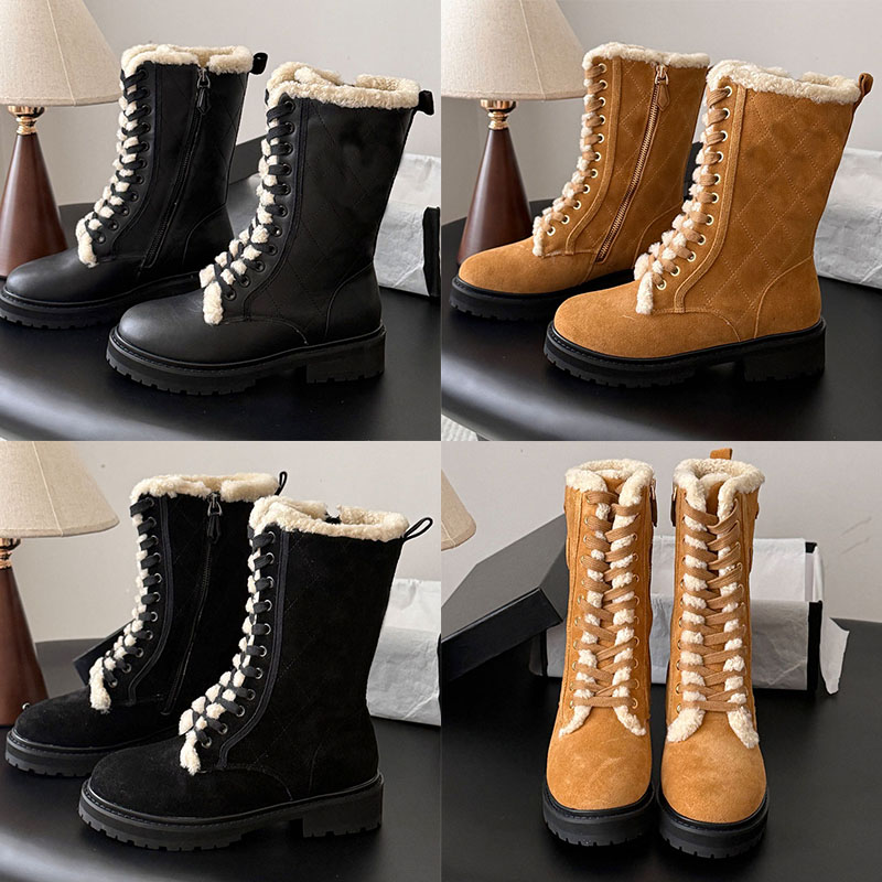 Women Mid Calf Boots Designer Anti Fur Plaid Plush Half Boots Original Customized Plush Edging Anti Slip Thick Sole Retro Winter Lace Up Boots Top Q
