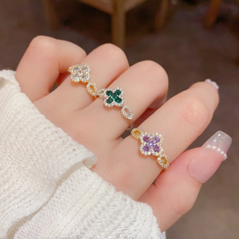 Autumn Winter New Exquisite Light Luxury Versatile Micro Inlaid Zircon Four-Leaf Flower Open Fashion Simple Design Super Sparkling Ring