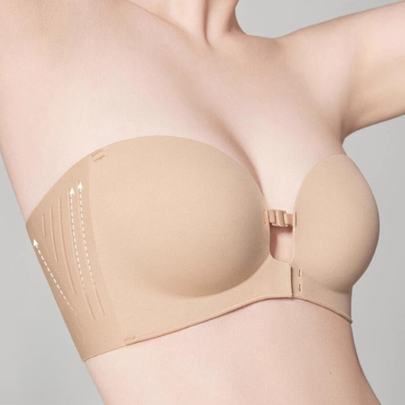 Front Closure Strapless Bras For Women Seamless Push Up Brassiere Thick Soft Underwear Solid Color Adjustable Invisible Lingerie dongdumaoyi