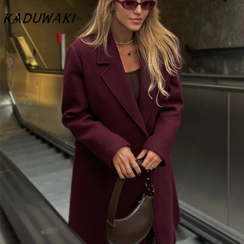 KADUWAKI Woman Autumn Winter Casual Woolen Long Blends Elegant Turn-Down Collar Long Sleeves Pockets Double Breasted Wool Coat 261016