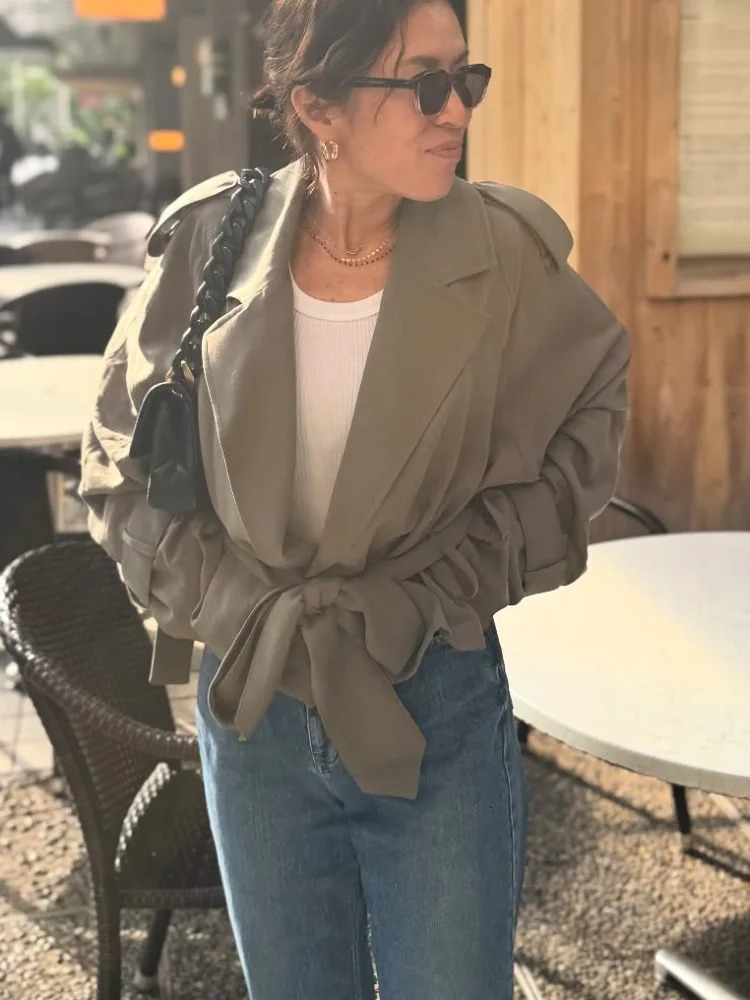 Women Solid Lace Up Jacket Fashion Lapel Collar Belt Full Sleeve Short Trench Coat Chic Daily High Street Lady Outerwear 261015