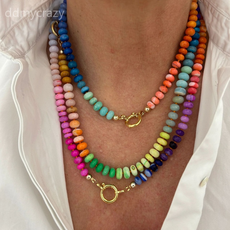 Colorful Beaded Rainbow Necklace with Flower Pendant, Summer Beach Jewelry, Multi-color Choker for Women