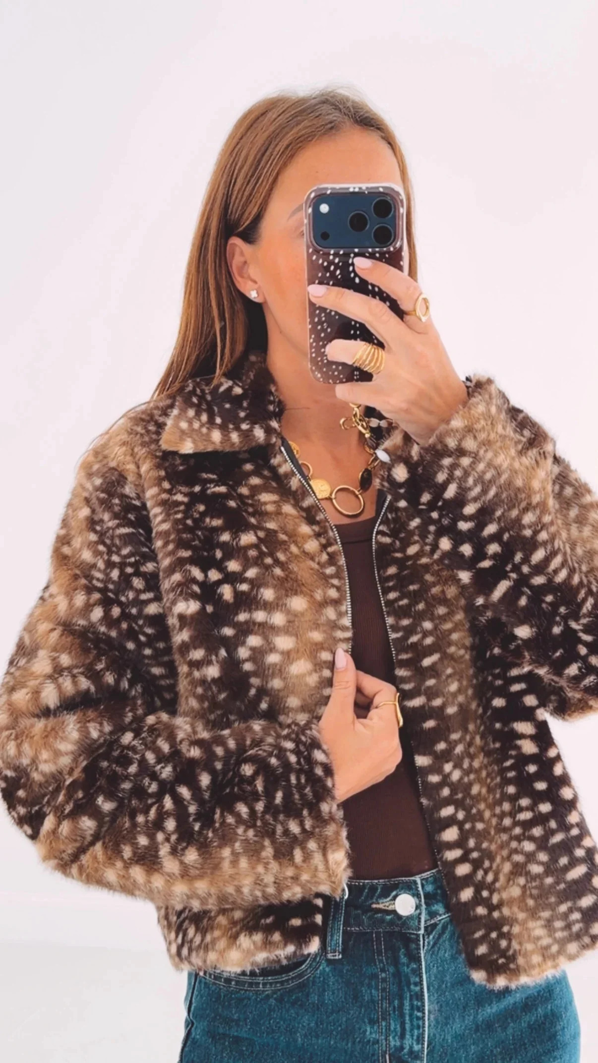 Deer Print Cropped Faux Fur Coat Womens Laoel Collar Zipper Up Fluffy Short Jacket Fashion Street Daily 2026 Female Outerwear 261016