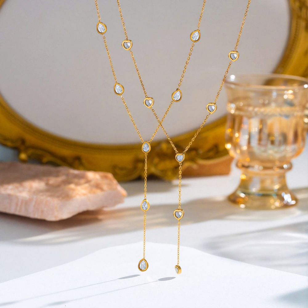 European American Light Luxury Y-Shaped Tassel Water Drop Heart White Diamond Titanium Steel Necklace For Women, Exquisite And Fashionable Layered C