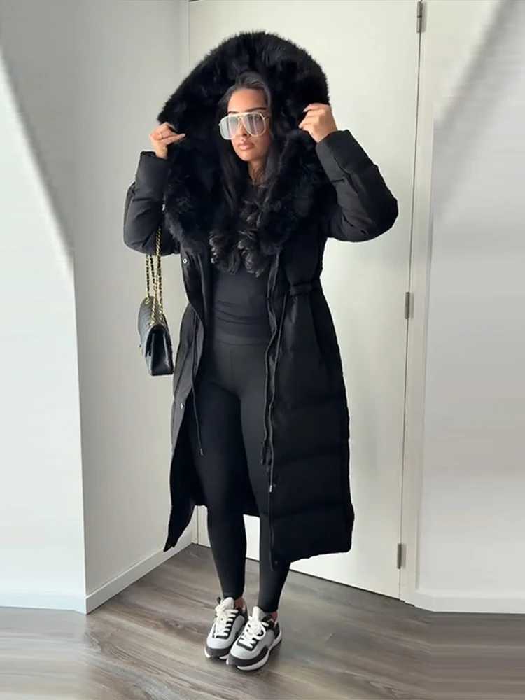 Women's Down Parkas Black Faux Fur Women's Cotton Jacket Hooded Pockets Button Full Sleeve Long Fashion High Street Casual Coats 2026 Wint