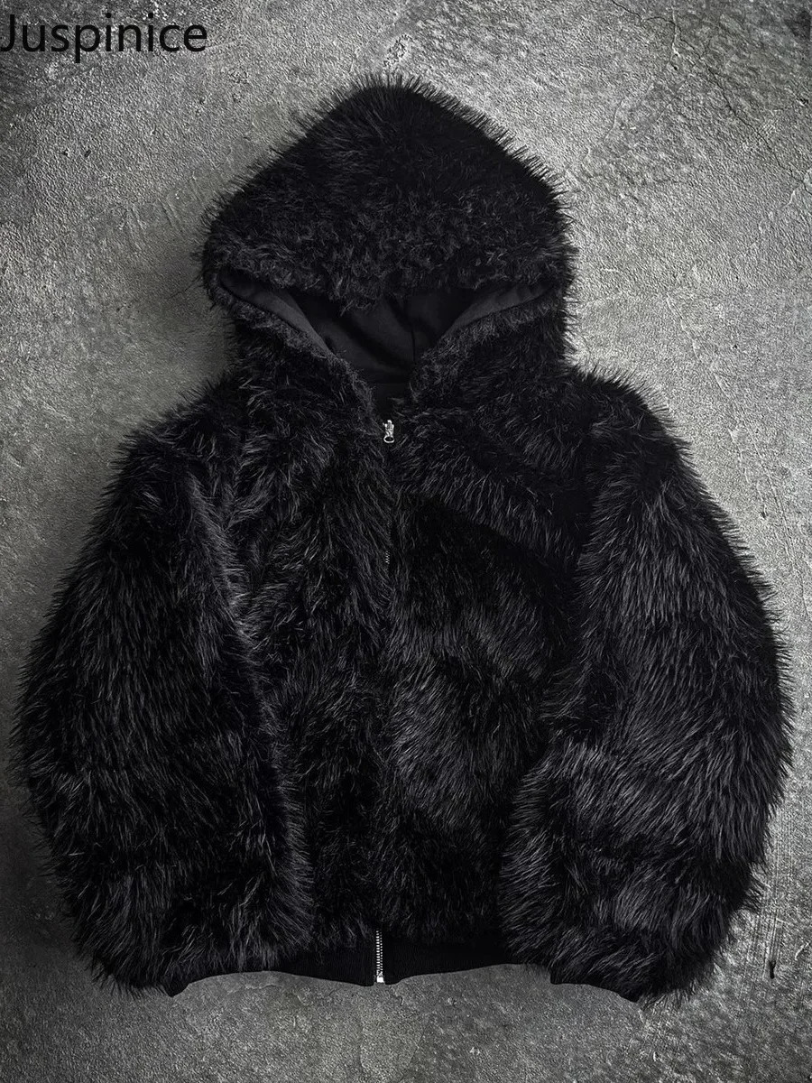 Juspinice Autumn Winter Oversized Thickened Warm Black Reversible Faux Fur Parka Coat Men with Hood Zipper Fluffy Jacket 2026 261013