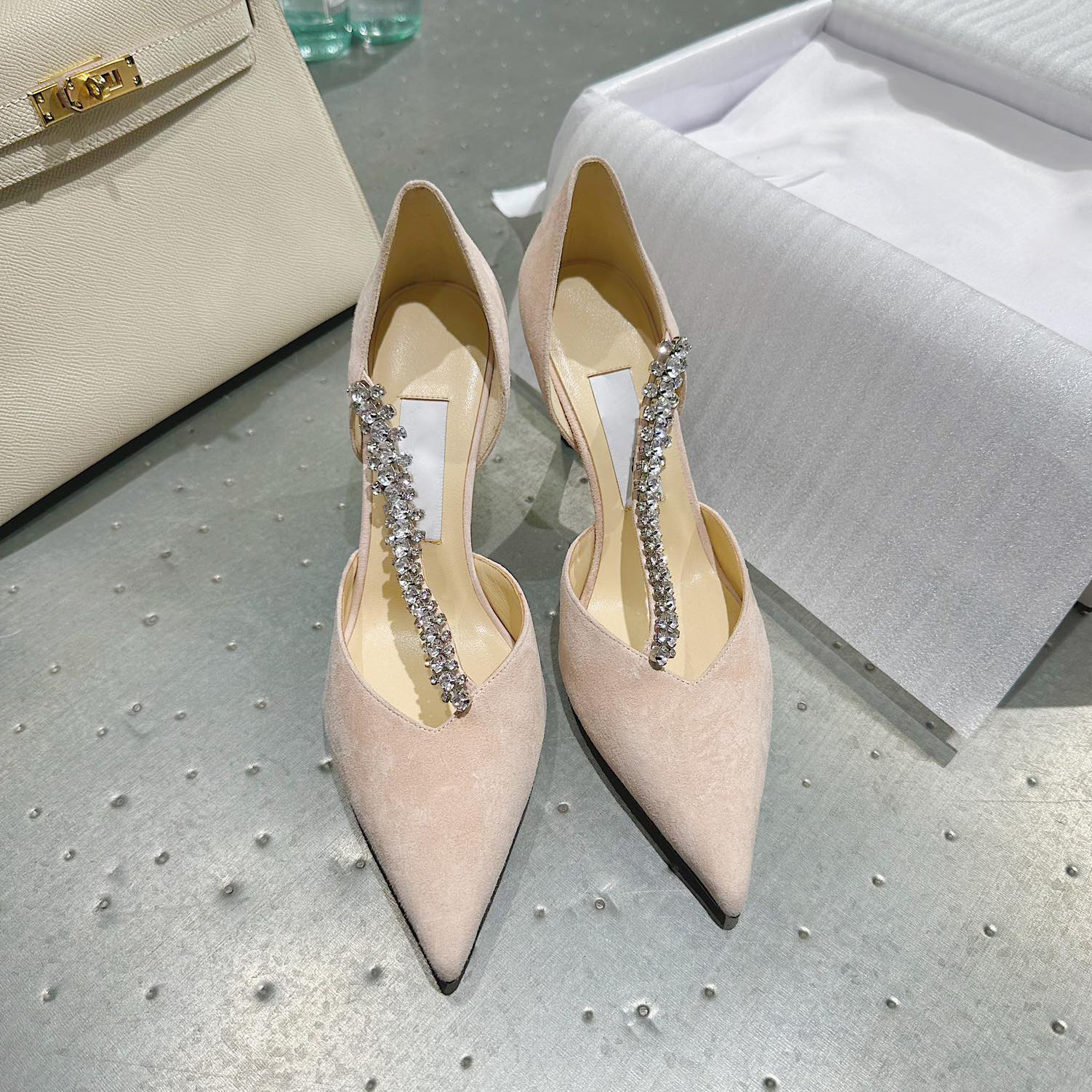 Elegant Pointed Toe Rhinestone Chain Strap D'Orsay Pumps Women Suede Leather Full Grain Leather Insole Italian Leather Sole Formal Wedding Part