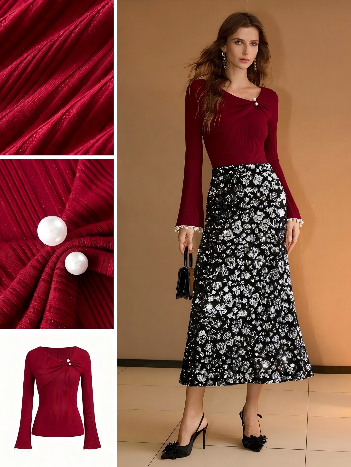 Amazon Cross-Border Asymmetrical Off-Shoulder Knitwear Autumn New Slimming Christmas Red Long Sleeve Women's Wear