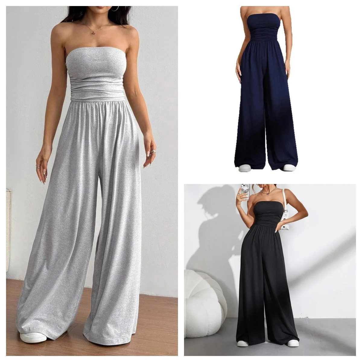 Women's Strapless Tube Top Jumpsuit Ruched High Waist Wide Leg Pants Casual Loose OnePiece Romper Summer Black 261015