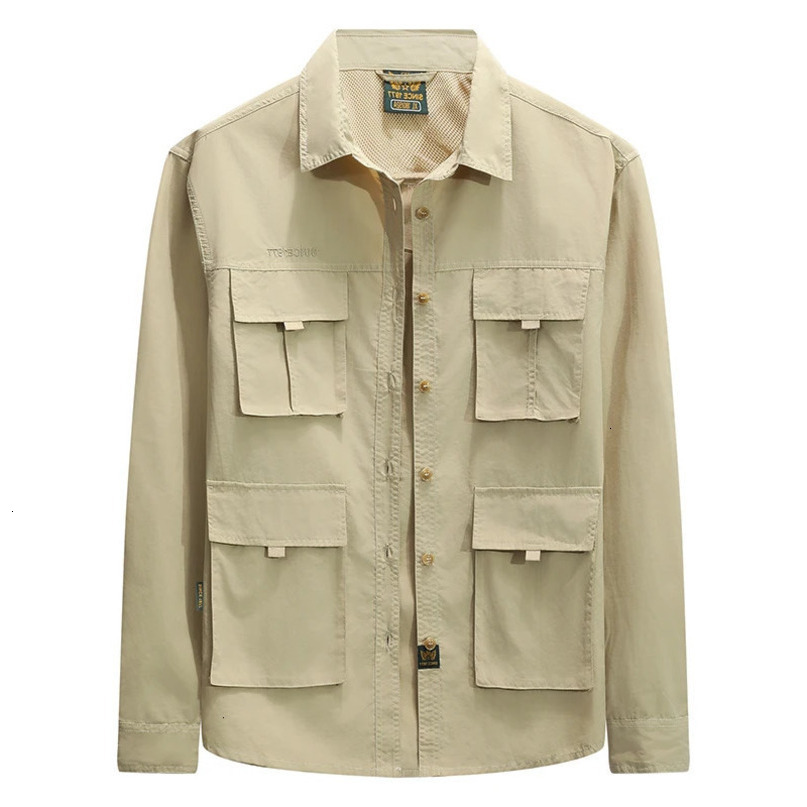 Men Short Jacket Mens Casual Light outerwear Jacket Outdoor Camping Military Tactical Fourpocket Lapel Shirt Longsleeved Coat Cropped