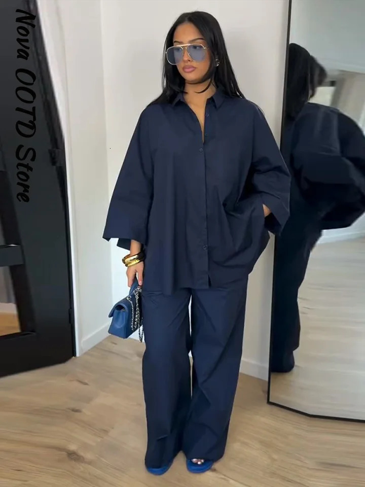 Loose Shirt Pants Set Women Solid Lapel Collar Single Breasted Full Sleeve Pocket Top Wide Leg Pants 2 Pieces 2026 Spring Outfit 261015