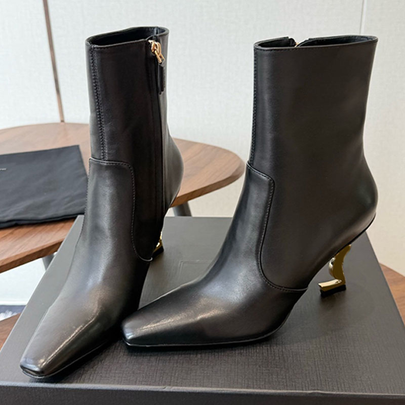 Women black smooth leather OPYUM booties Gold tone metal heel Ladies Fashion Dinner Boots Italian designer leather sole side zip closure lady boot