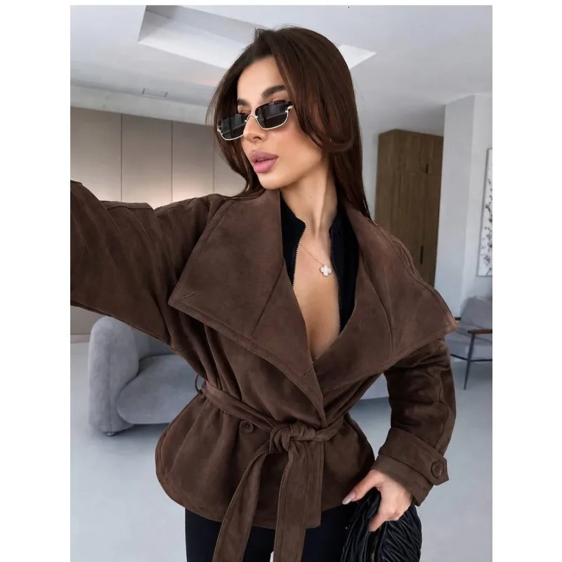 Guobioziy Women Fall Winter Vintage Faux Suede Belt Coat High Street Double-breasted Jacket Trendy Elegant Chic Lady Outerwear 261016